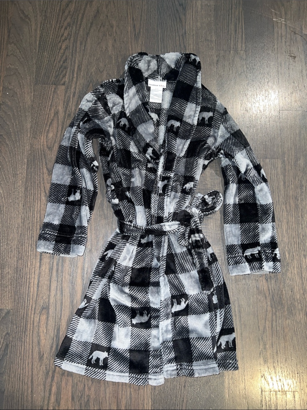Kids Cozy Black & Gray Buffalo Plaid Fleece Robe Size M (8)